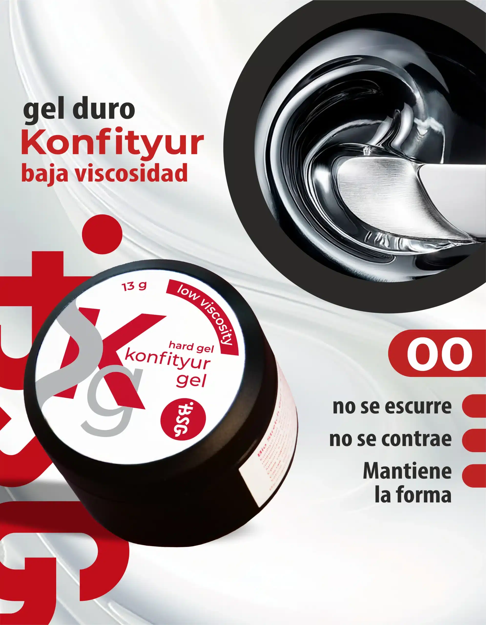 Gel duro BSG para extensiones Konfityur #00LV - Transparente incoloro BAJA VISCOSIDAD (13 g)