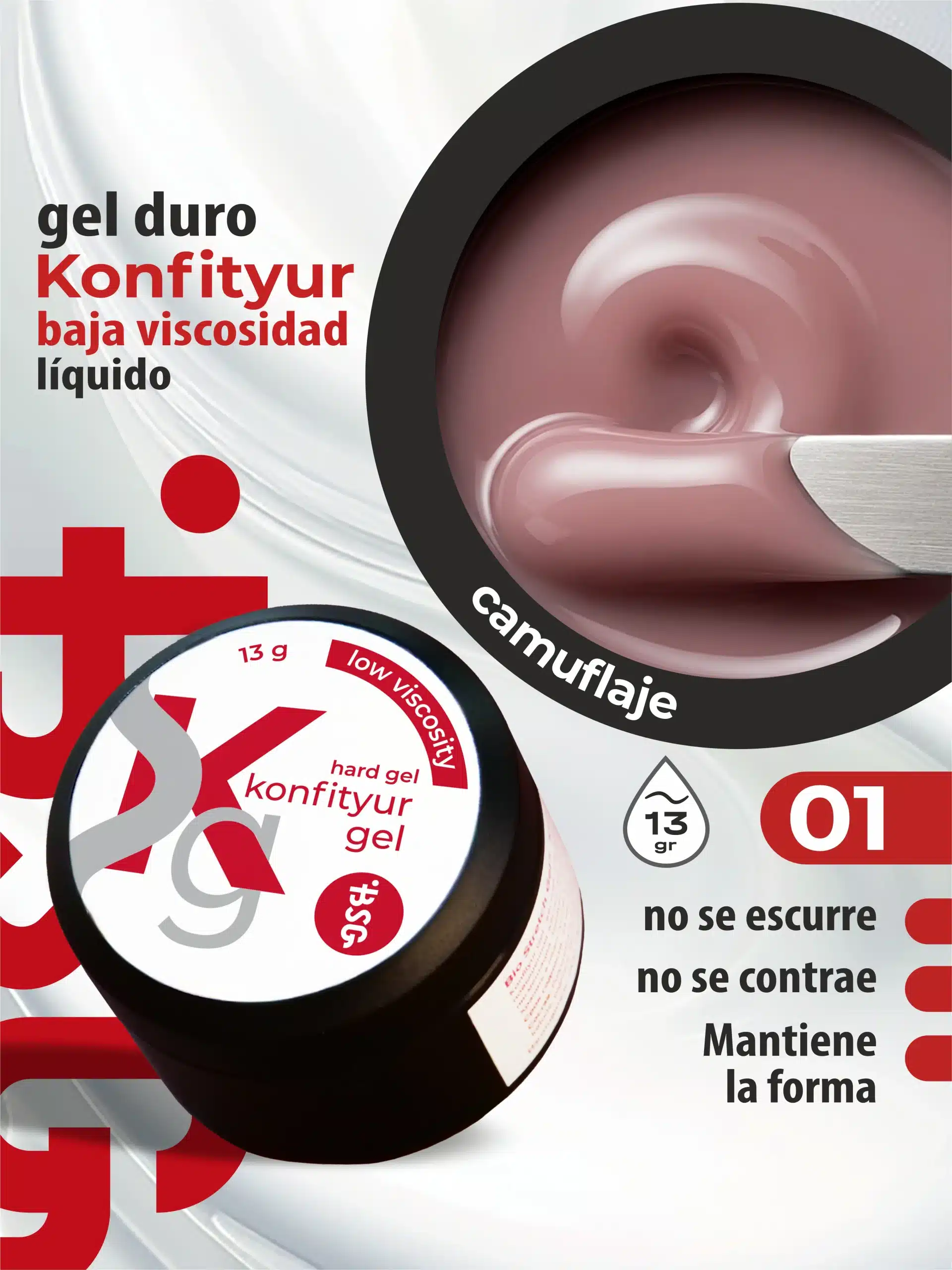 Gel duro BSG para extensiones Konfityur #01 - Camuflaje rosa - BAJA VISCOSIDAD (13 g)
