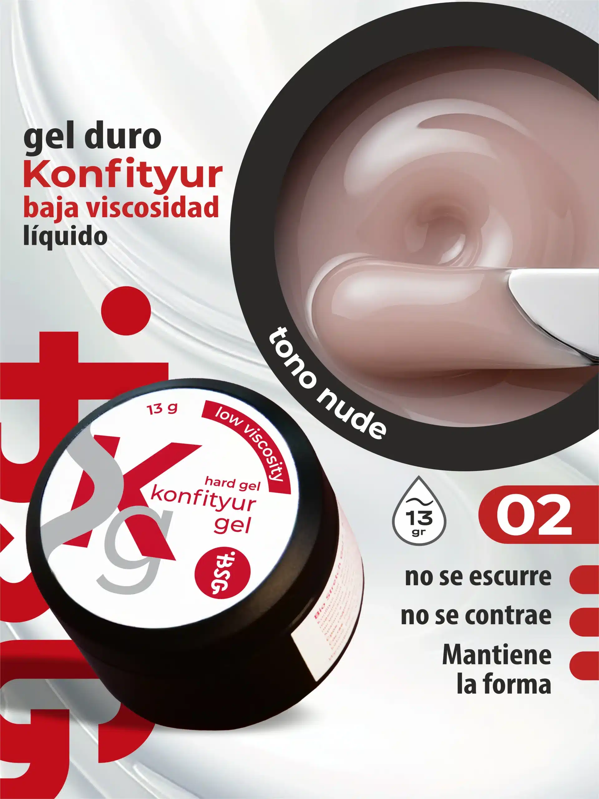 Gel duro BSG para extensiones Konfityur #02 - Rosa natural, translúcido - BAJA VISCOSIDAD (13 g)