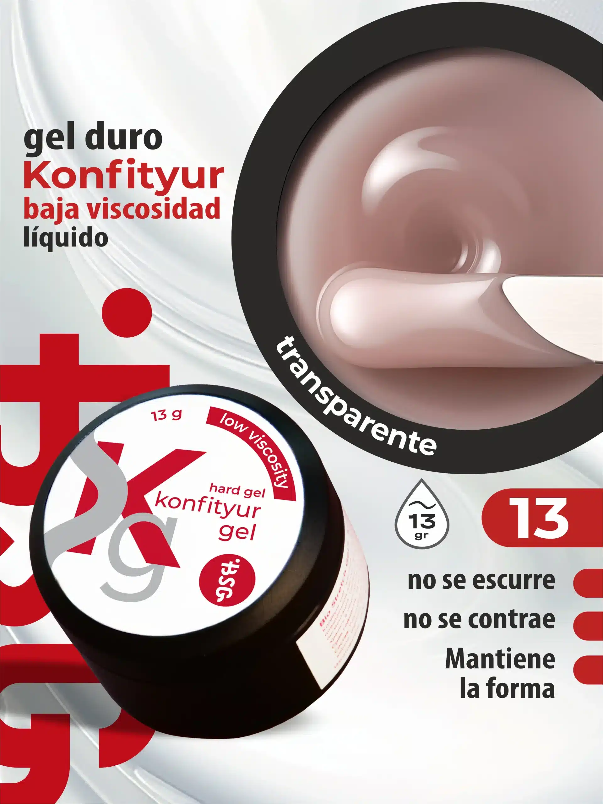 Gel duro BSG para extensiones Konfityur #13 - Rosa transparente, camuflaje - BAJA VISCOSIDAD (13 g)