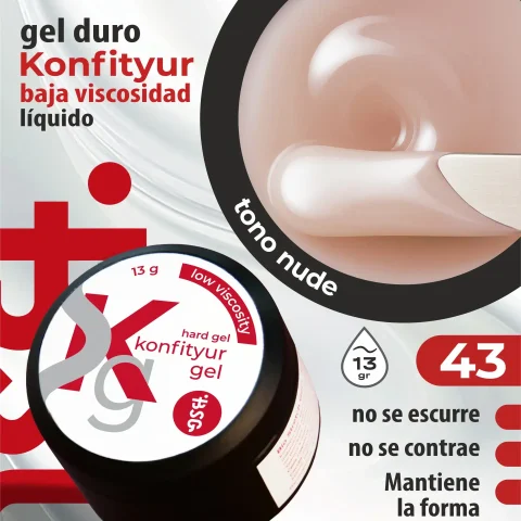 Gel duro BSG para extensiones Konfityur #43 - Tono transparente del camuflaje más delicado con nota de melocotón - BAJA VISCOSIDAD (13 g)
