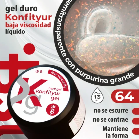 Gel duro BSG para extensiones Konfityur #64 - Lechoso con copos de oro - BAJA VISCOSIDAD (13 g)