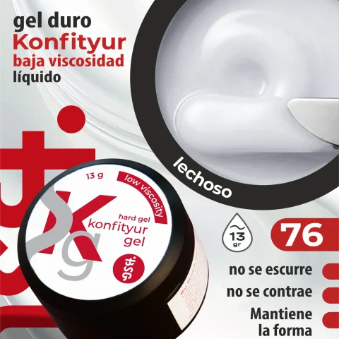 Gel duro BSG para extensiones Konfityur #76 - Blanco lechoso con un tono frío (suave, translúcido) - BAJA VISCOSIDAD (13 g)