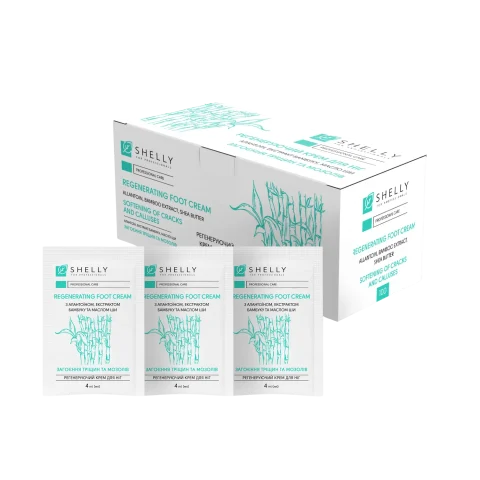 Shelly Crema regeneradora para pies con alantoína, extracto de bambú y manteca de karité 4ml 100 uds