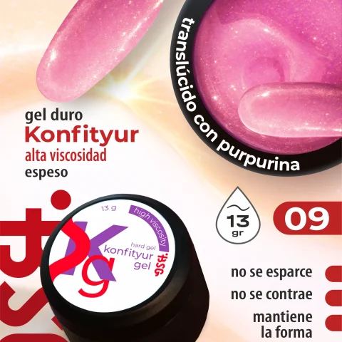 Gel duro BSG para extensiones Konfityur #09 Rosa translúcido con shimmer - ALTA VISCOSIDAD (13 g)