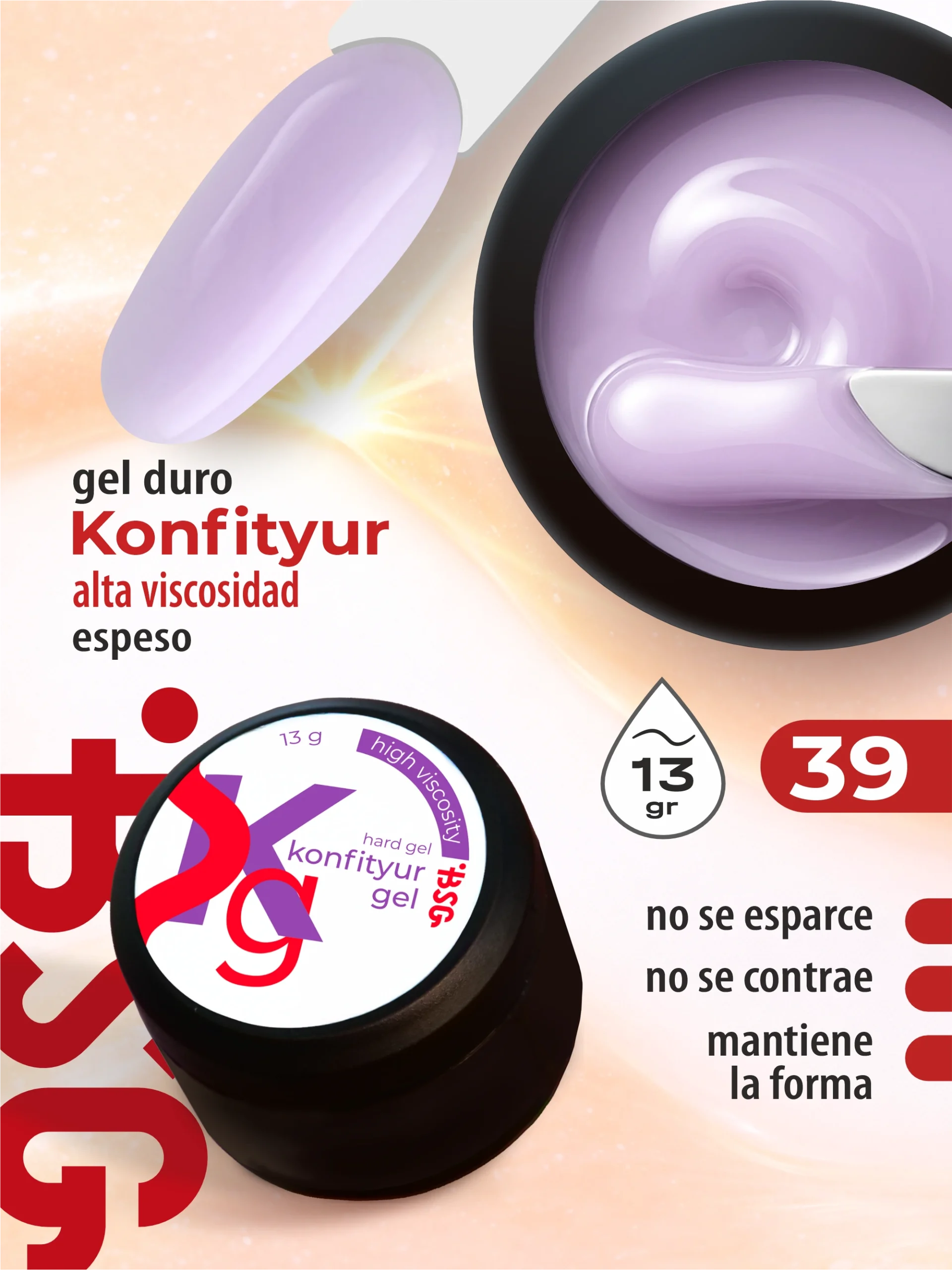 Gel duro BSG para extensiones Konfityur #39 Lila claro - ALTA VISCOSIDAD (13 g)