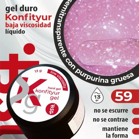 Gel duro BSG para extensiones Konfityur #59 Rosa translúcido con cristales brillantes  - BAJA VISCOSIDAD (13 g)