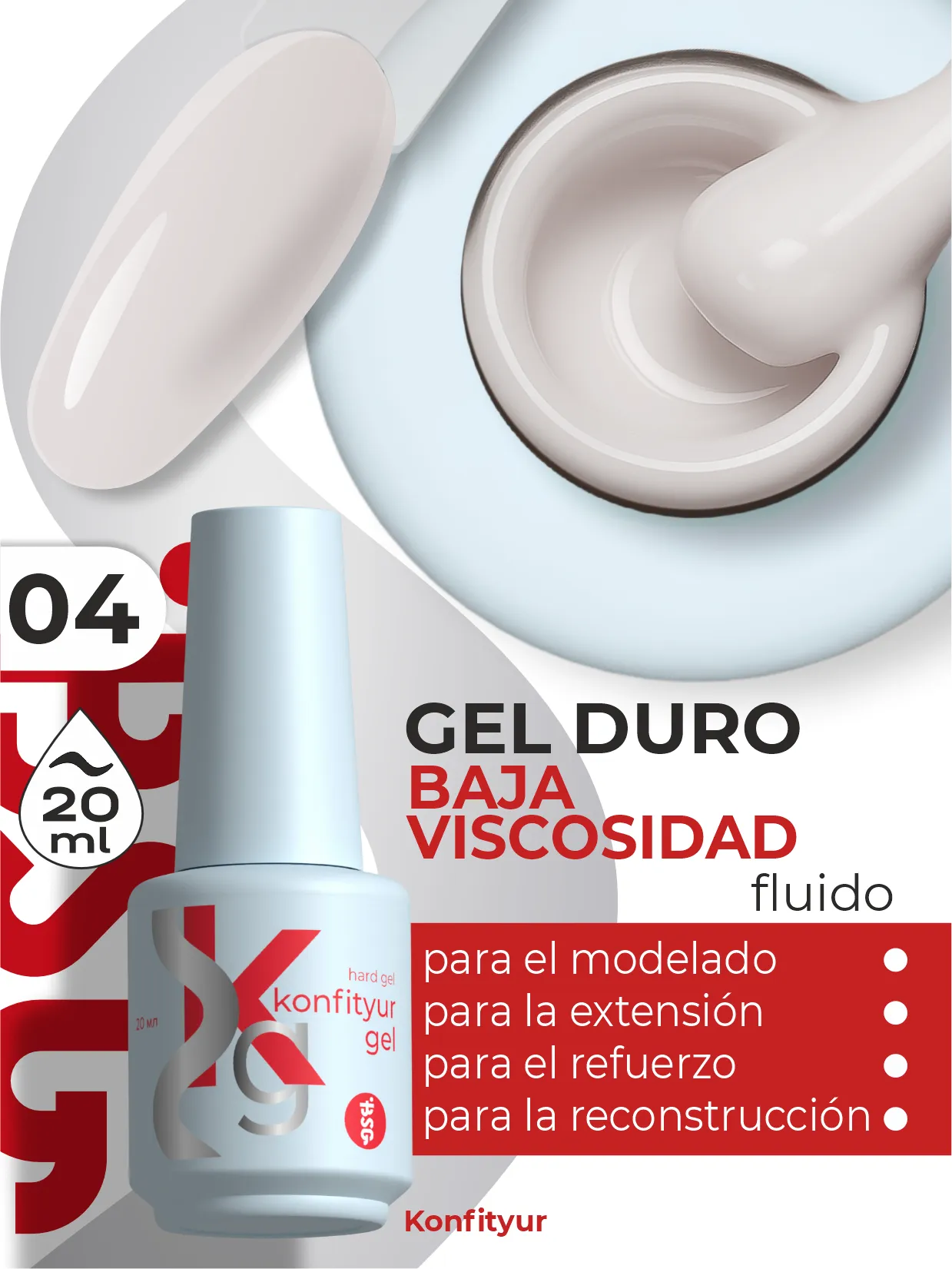 Gel duro BSG Konfithur baja viscosidad en frasco #04, 20 ml