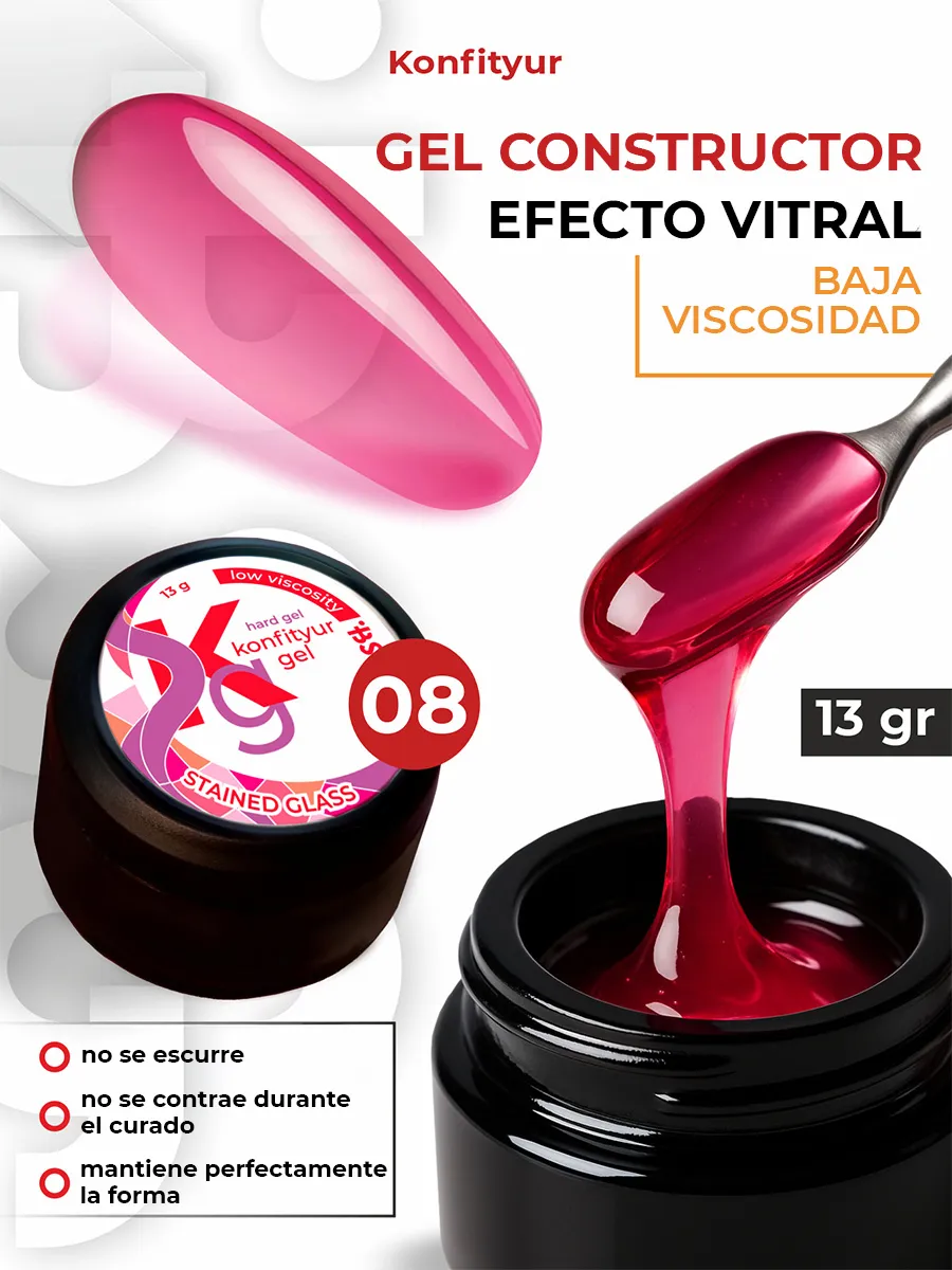 Gel duro BSG para extensiones Konfityur Stained Glass #08 – BAJA VISCOSIDAD (13 g)