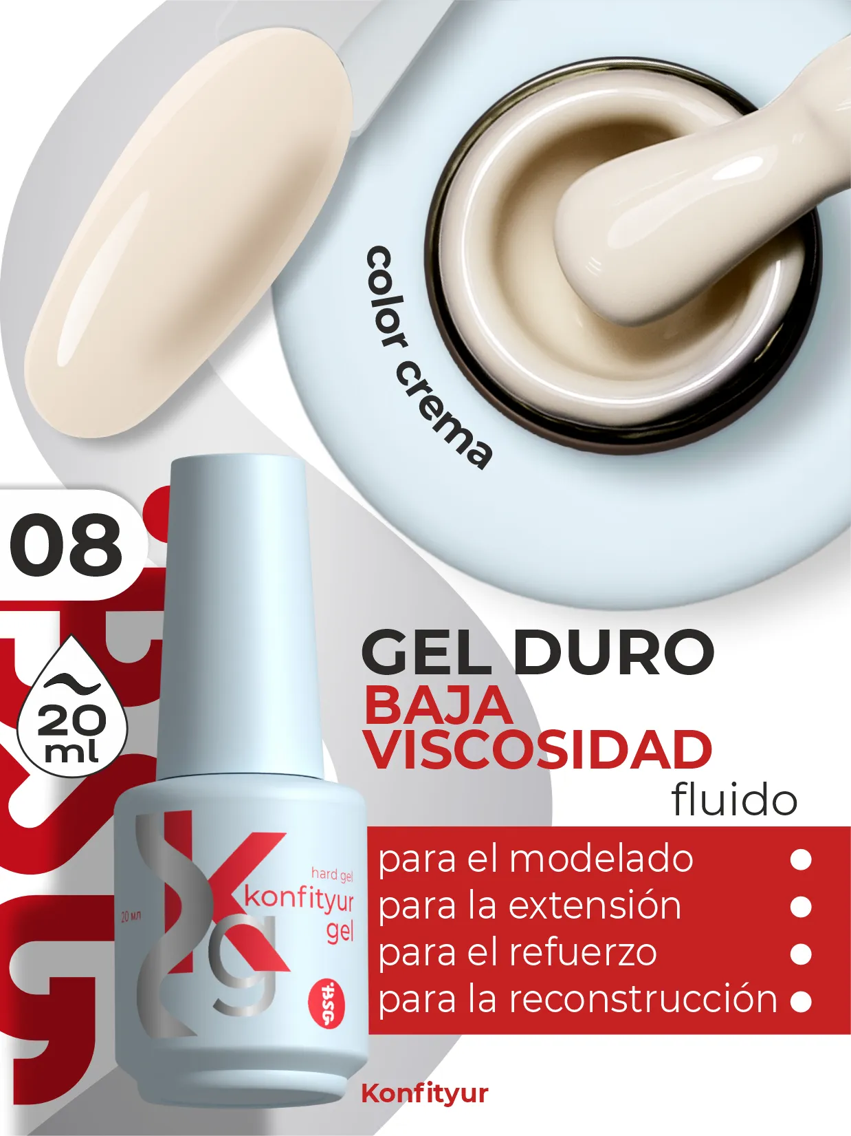 Gel duro BSG Konfithur baja viscosidad en frasco #08, 20 ml