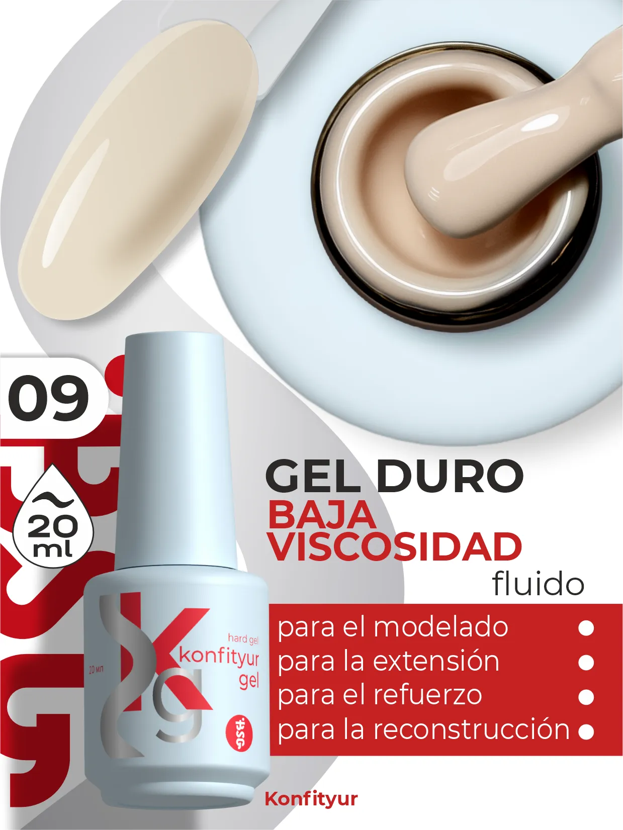 Gel duro BSG Konfithur baja viscosidad en frasco #09, 20 ml
