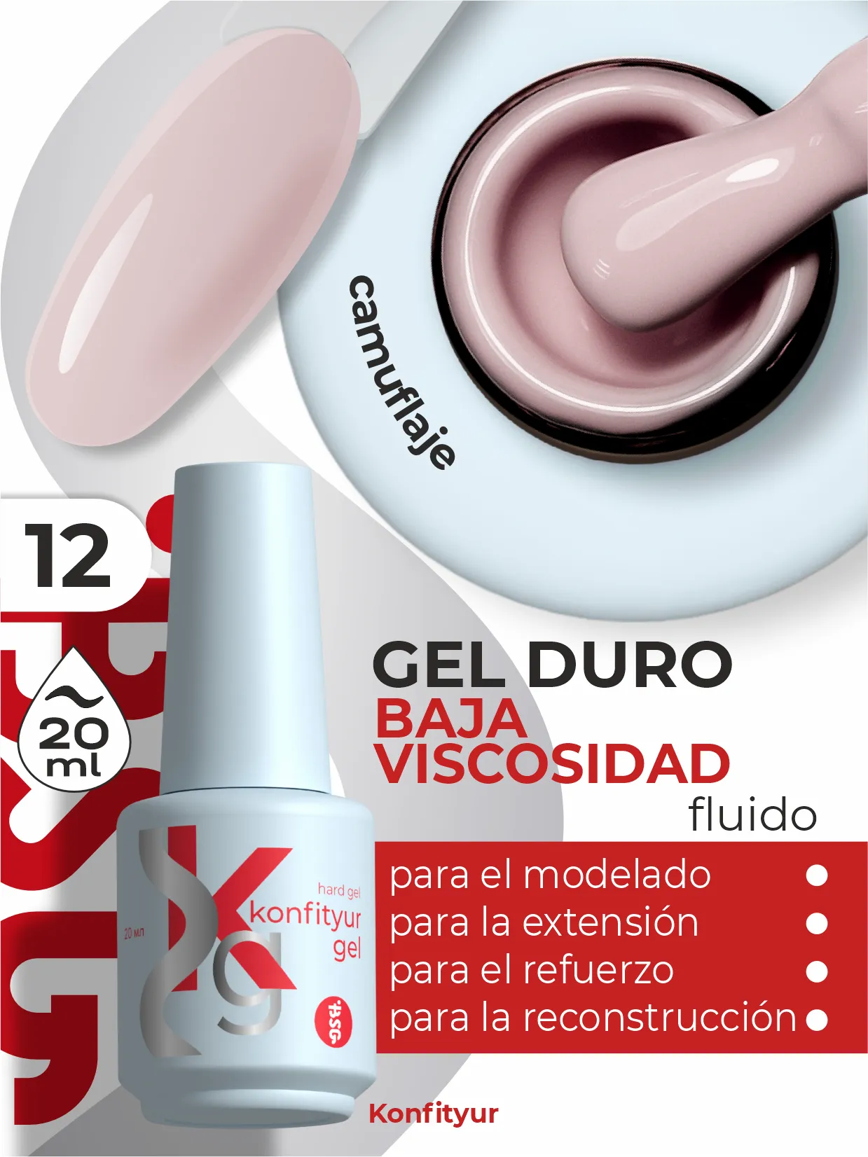 Gel duro BSG Konfithur baja viscosidad en frasco #12, 20 ml