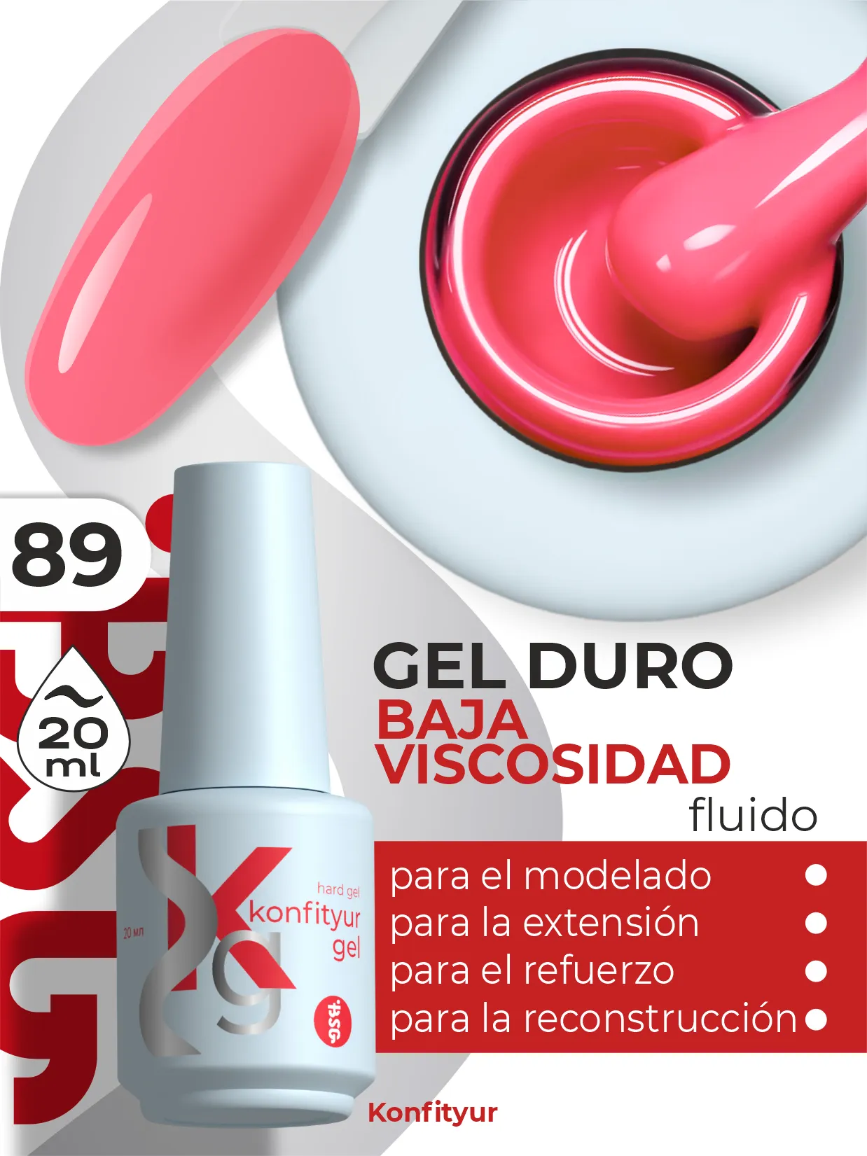 Gel duro BSG Konfithur baja viscosidad en frasco #89, 20 ml