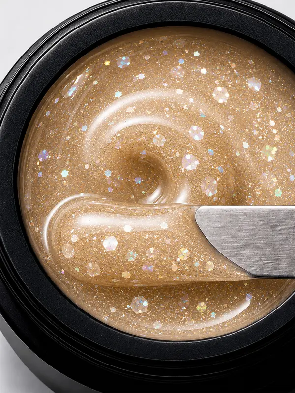 Gel duro BSG para extensiones Konfityur, 123 Champán Dorado con Confeti, BAJA VISCOSIDAD (13 g) - Imagen 2