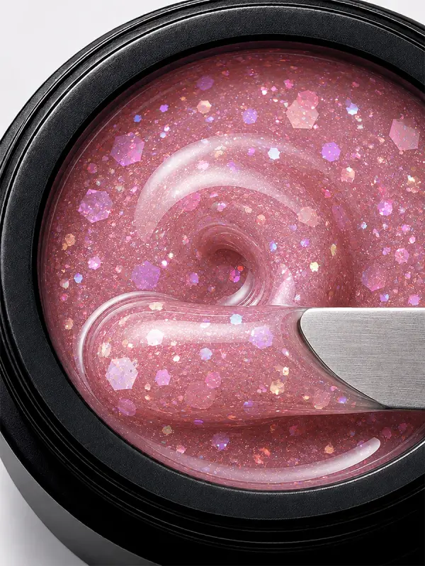 Gel duro BSG para extensiones Konfityur, 127 Cuarzo Rosa con Confeti BAJA VISCOSIDAD (13 g) - Imagen 2