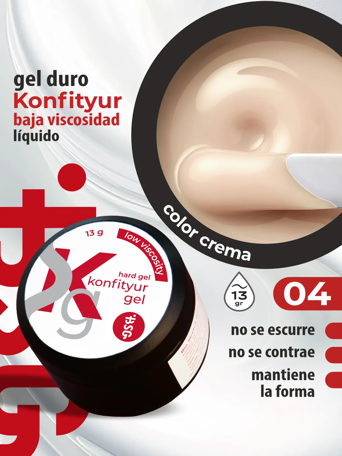 Gel duro BSG para extensiones Konfityur #04 Peach Nude – Nude Melocotón, BAJA VISCOSIDAD (13 g)