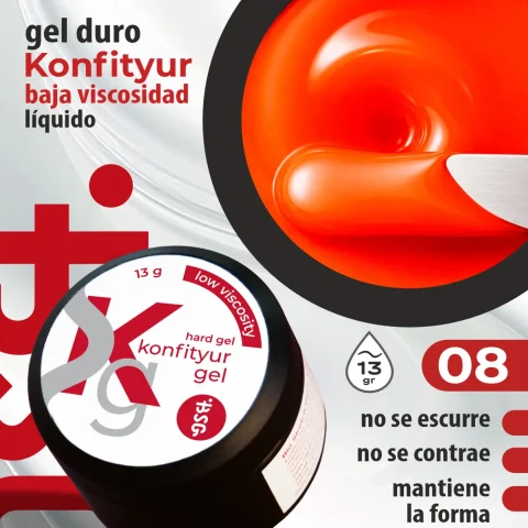 Gel duro BSG para extensiones Konfityur, 08 Fiery Orange, BAJA VISCOSIDAD (13 g)
