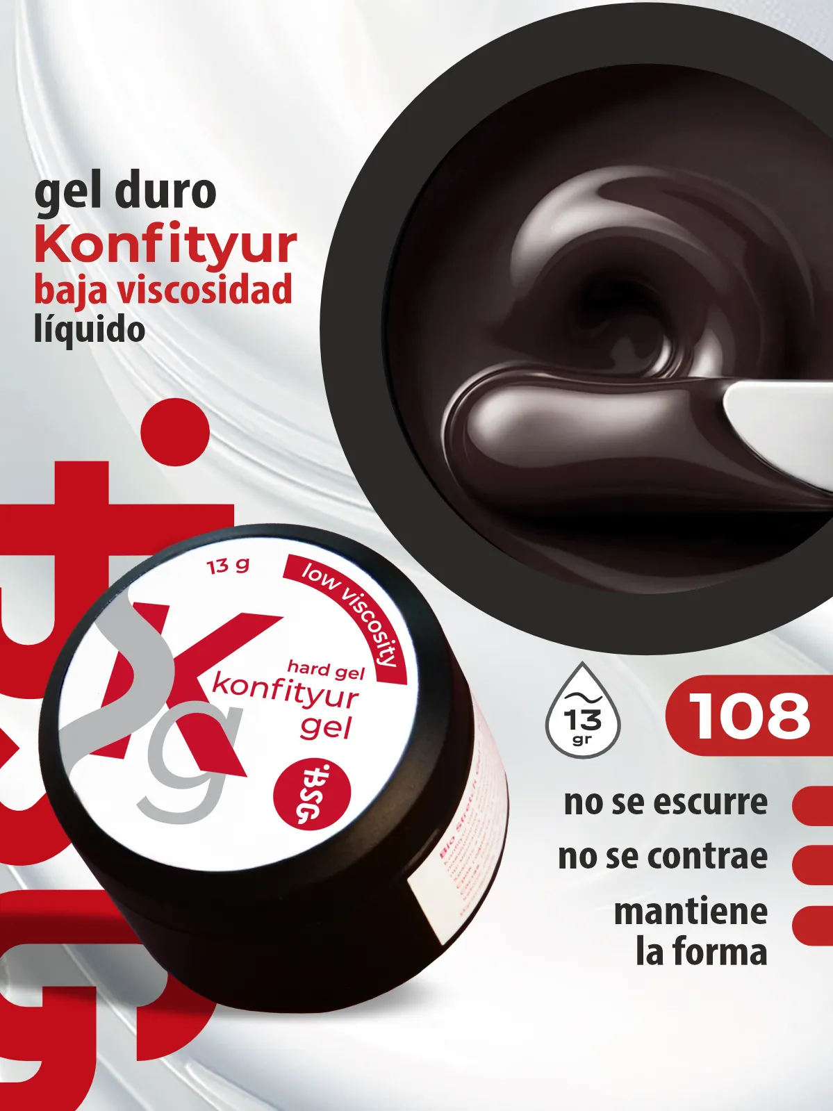 Gel duro BSG para extensiones Konfityur, 108 Marrón Espresso, BAJA VISCOSIDAD (13 g)