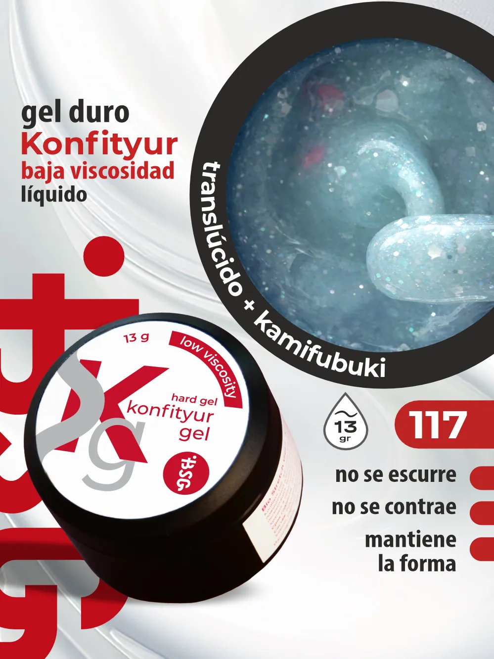 Gel duro BSG para extensiones Konfityur, 117 Confeti Pastel Helado, BAJA VISCOSIDAD (13 g)