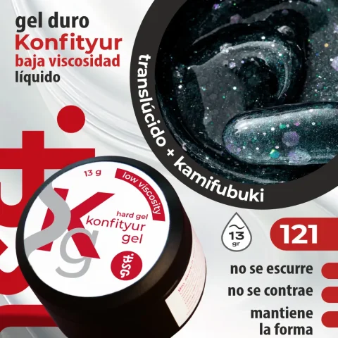 Gel duro BSG para extensiones Konfityur, 121 Verde Azulado Medianoche con Confeti, BAJA VISCOSIDAD (13 g)
