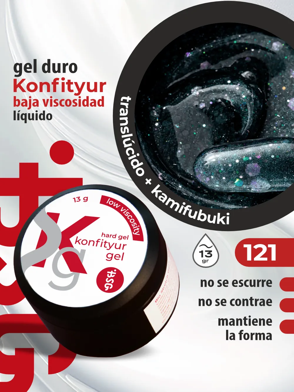 Gel duro BSG para extensiones Konfityur, 121 Verde Azulado Medianoche con Confeti, BAJA VISCOSIDAD (13 g)