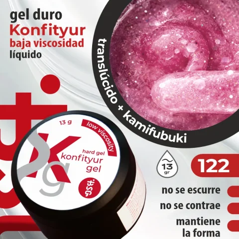 Gel duro BSG para extensiones Konfityur, 122 Rosa Champán con Confeti, BAJA VISCOSIDAD (13 g)