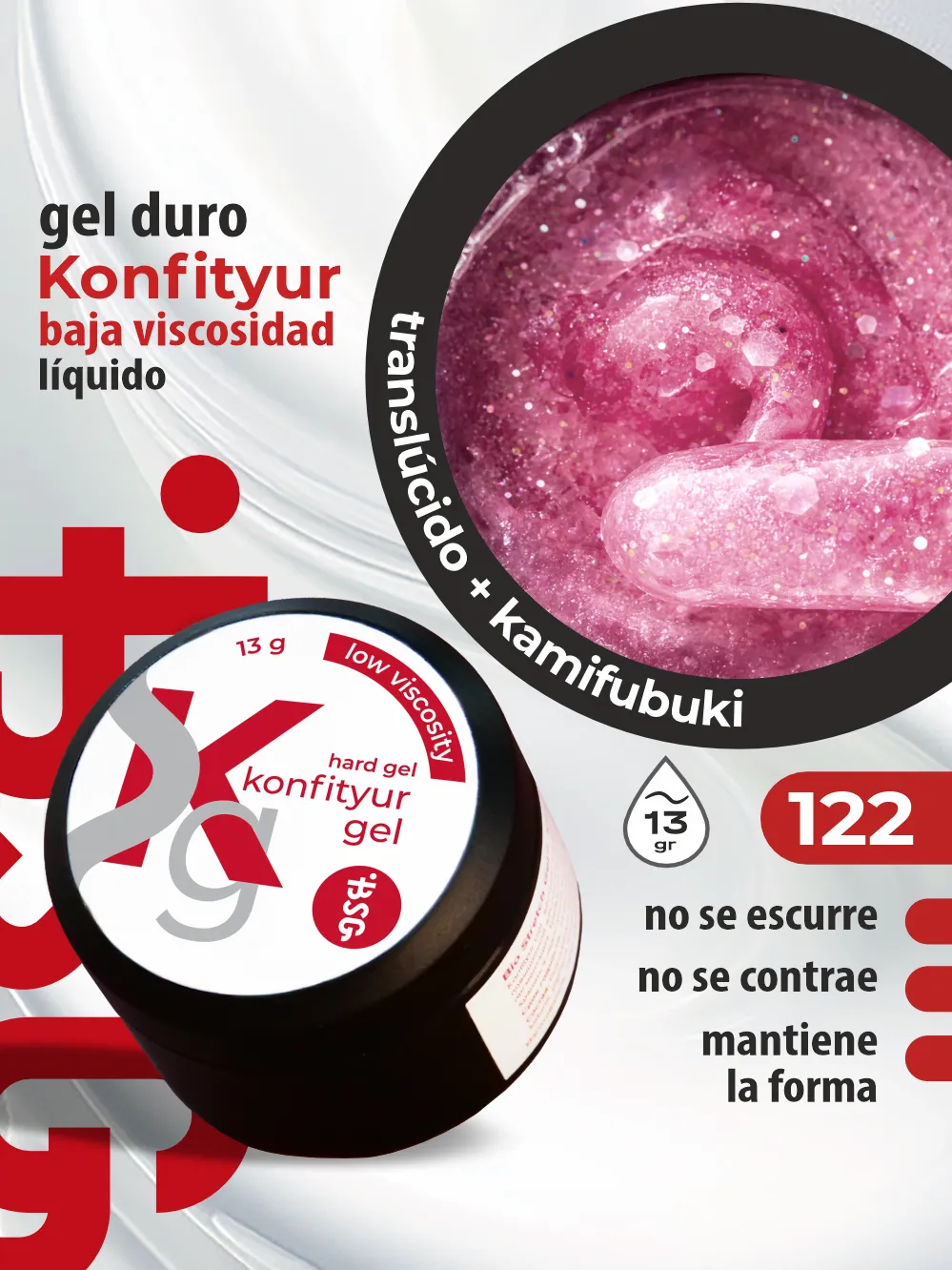Gel duro BSG para extensiones Konfityur, 122 Rosa Champán con Confeti, BAJA VISCOSIDAD (13 g)
