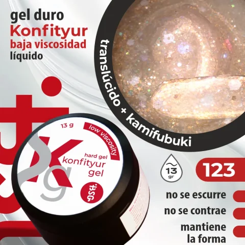 Gel duro BSG para extensiones Konfityur, 123 Champán Dorado con Confeti, BAJA VISCOSIDAD (13 g)