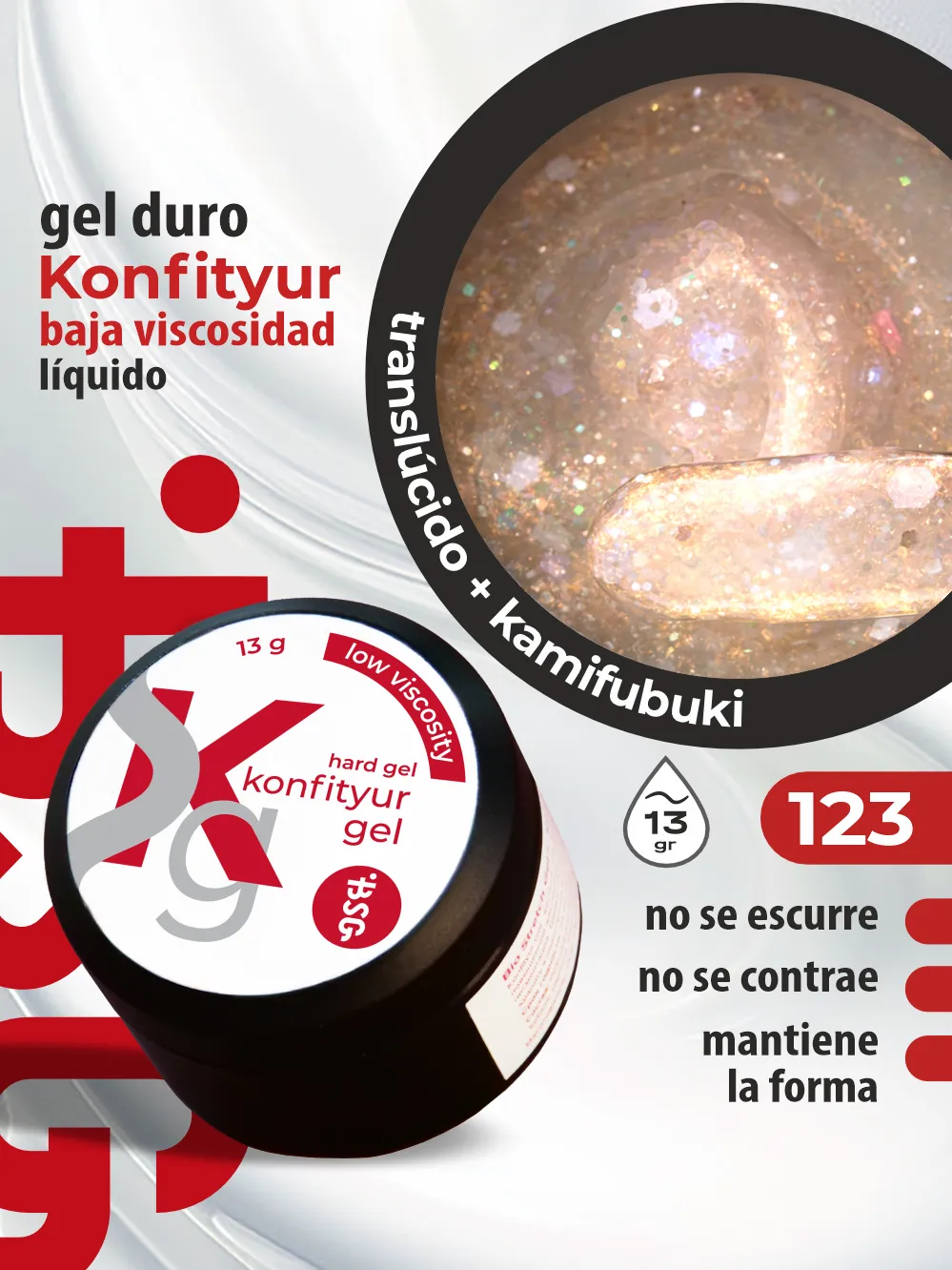 Gel duro BSG para extensiones Konfityur, 123 Champán Dorado con Confeti, BAJA VISCOSIDAD (13 g)