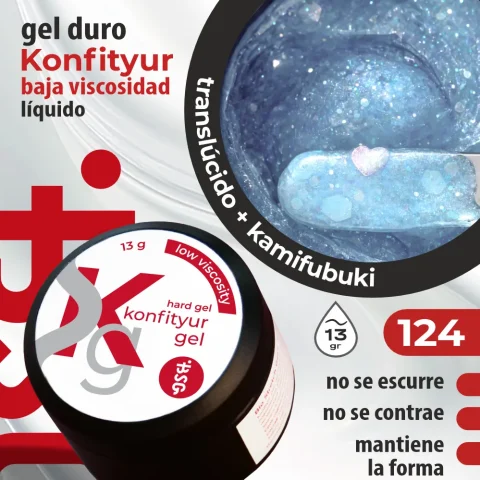 Gel duro BSG para extensiones Konfityur, 124 Aguamarina con Confeti, BAJA VISCOSIDAD (13 g)