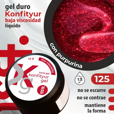 Gel duro BSG para extensiones Konfityur, 125 Rojo Rubí con Destellos Estelares, BAJA VISCOSIDAD (13 g)