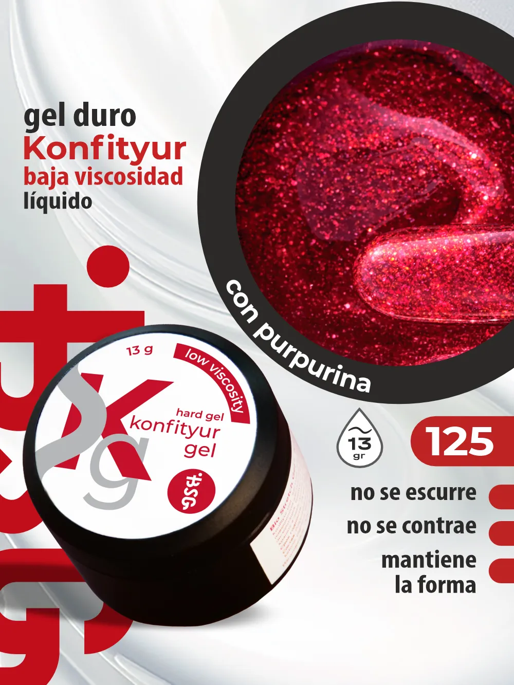 Gel duro BSG para extensiones Konfityur, 125 Rojo Rubí con Destellos Estelares, BAJA VISCOSIDAD (13 g)