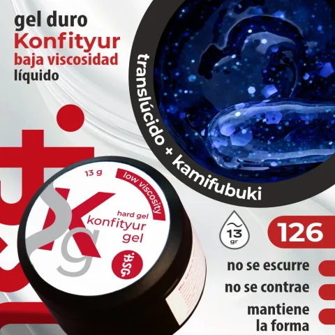 Gel duro BSG para extensiones Konfityur, 126 Azul Zafiro con Confeti, BAJA VISCOSIDAD (13 g)