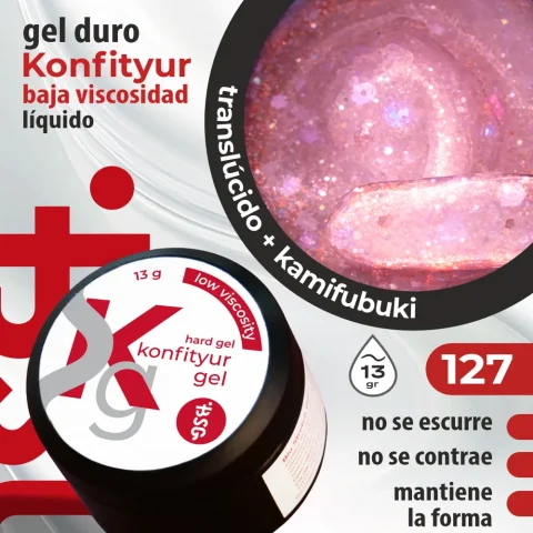 Gel duro BSG para extensiones Konfityur, 127 Cuarzo Rosa con Confeti BAJA VISCOSIDAD (13 g)