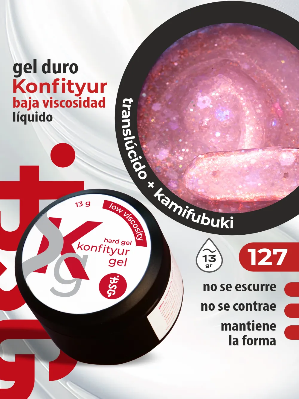 Gel duro BSG para extensiones Konfityur, 127 Cuarzo Rosa con Confeti BAJA VISCOSIDAD (13 g)