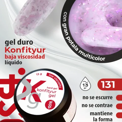 Gel duro BSG para extensiones Konfityur, 131 Rosa Lavanda con Confeti, BAJA VISCOSIDAD (13 g)