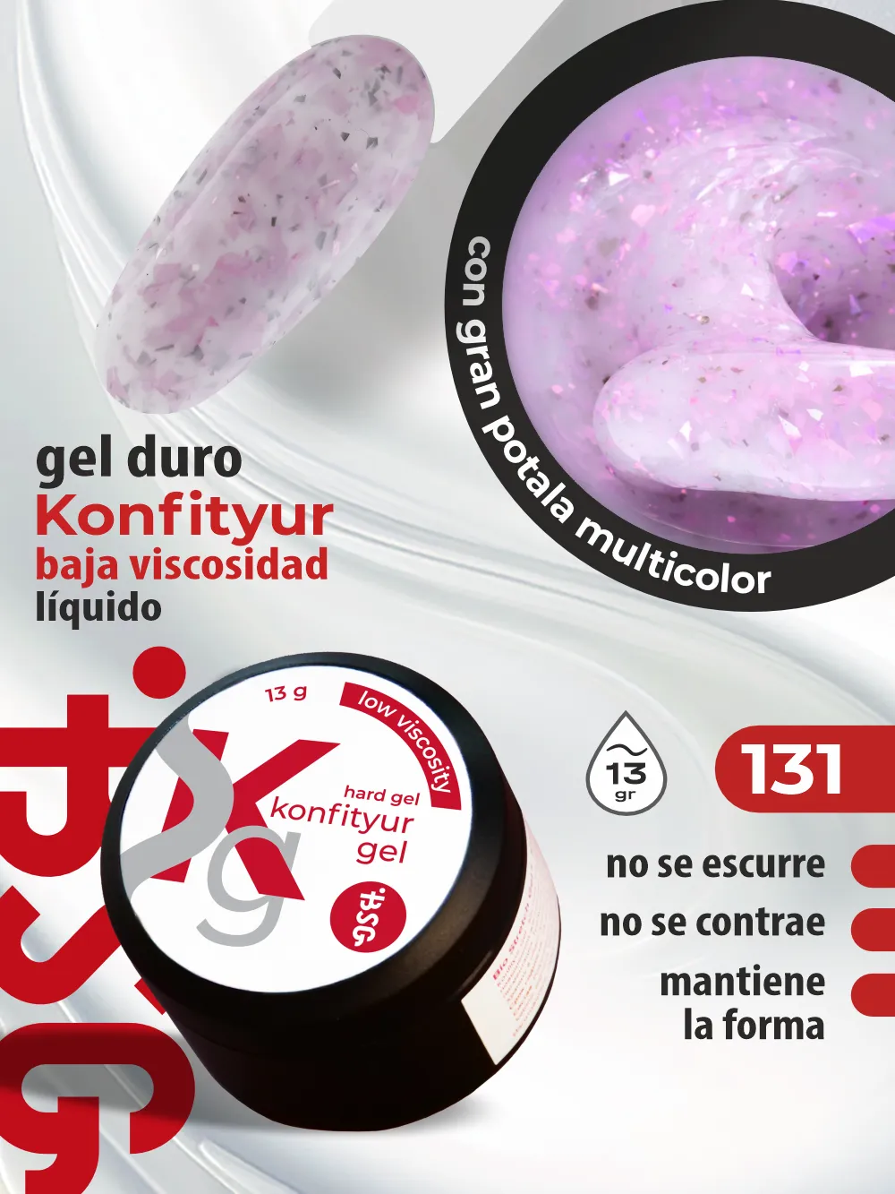 Gel duro BSG para extensiones Konfityur, 131 Rosa Lavanda con Confeti, BAJA VISCOSIDAD (13 g)