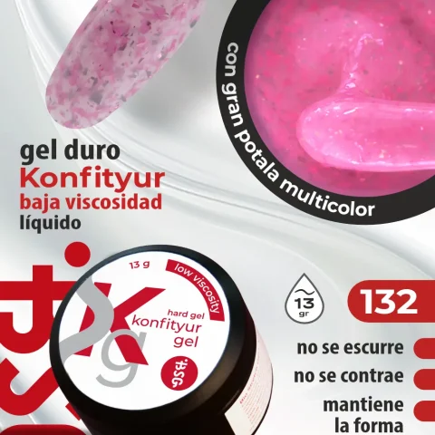 Gel duro BSG para extensiones Konfityur, 132 Cristal Rosa con Confeti, BAJA VISCOSIDAD (13 g)