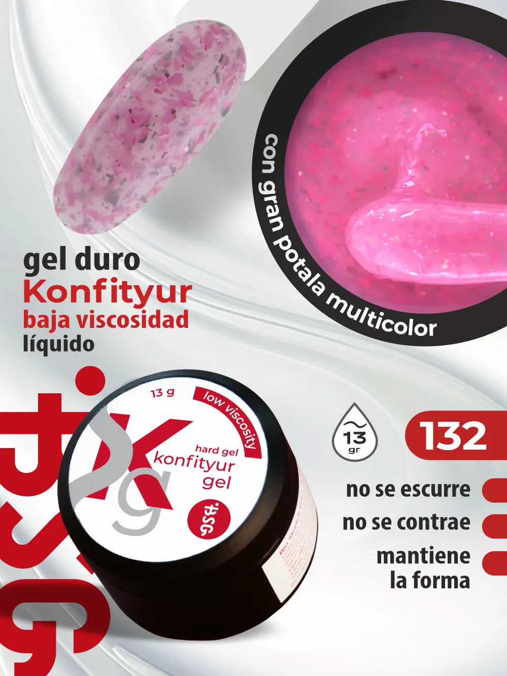 Gel duro BSG para extensiones Konfityur, 132 Cristal Rosa con Confeti, BAJA VISCOSIDAD (13 g)