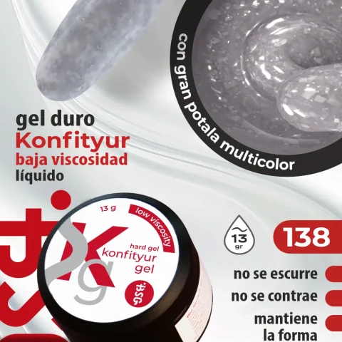 Gel duro BSG para extensiones Konfityur, 138 Ópalo Helado con Escamas, BAJA VISCOSIDAD (13 g)