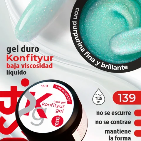 Gel duro BSG para extensiones Konfityur, 139 Cristal Iridiscente, BAJA VISCOSIDAD (13 g)