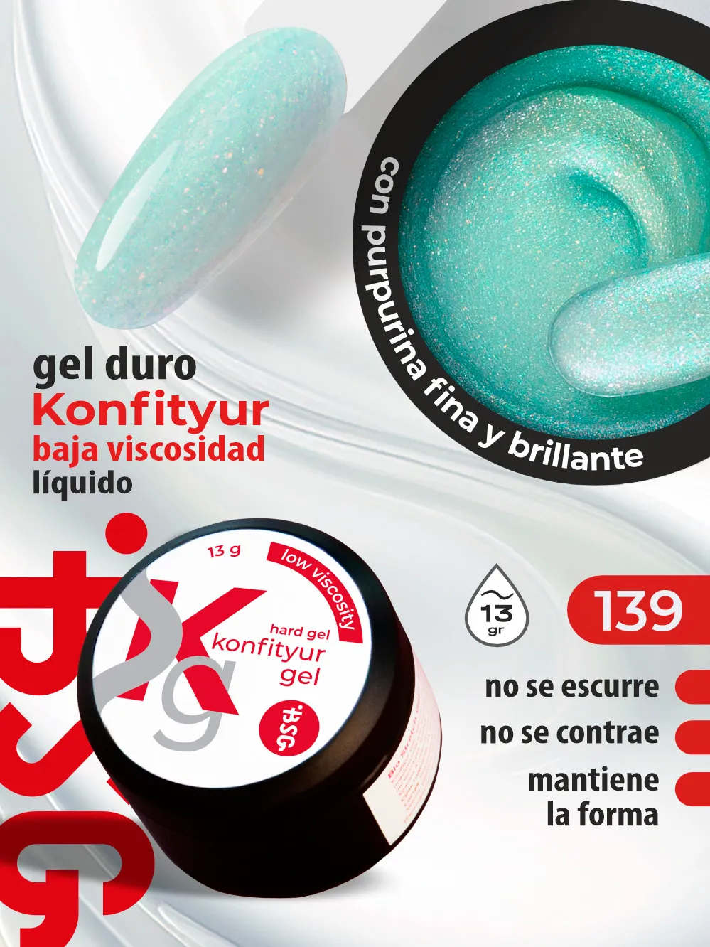 Gel duro BSG para extensiones Konfityur, 139 Cristal Iridiscente, BAJA VISCOSIDAD (13 g)