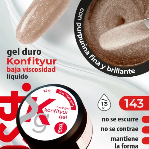Gel duro BSG para extensiones Konfityur, 143 Oro Rosa con Brillo, BAJA VISCOSIDAD (13 g)