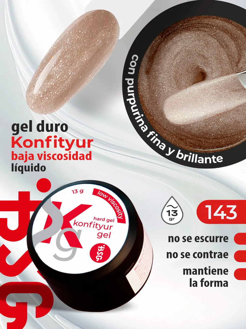 Gel duro BSG para extensiones Konfityur, 143 Oro Rosa con Brillo, BAJA VISCOSIDAD (13 g)