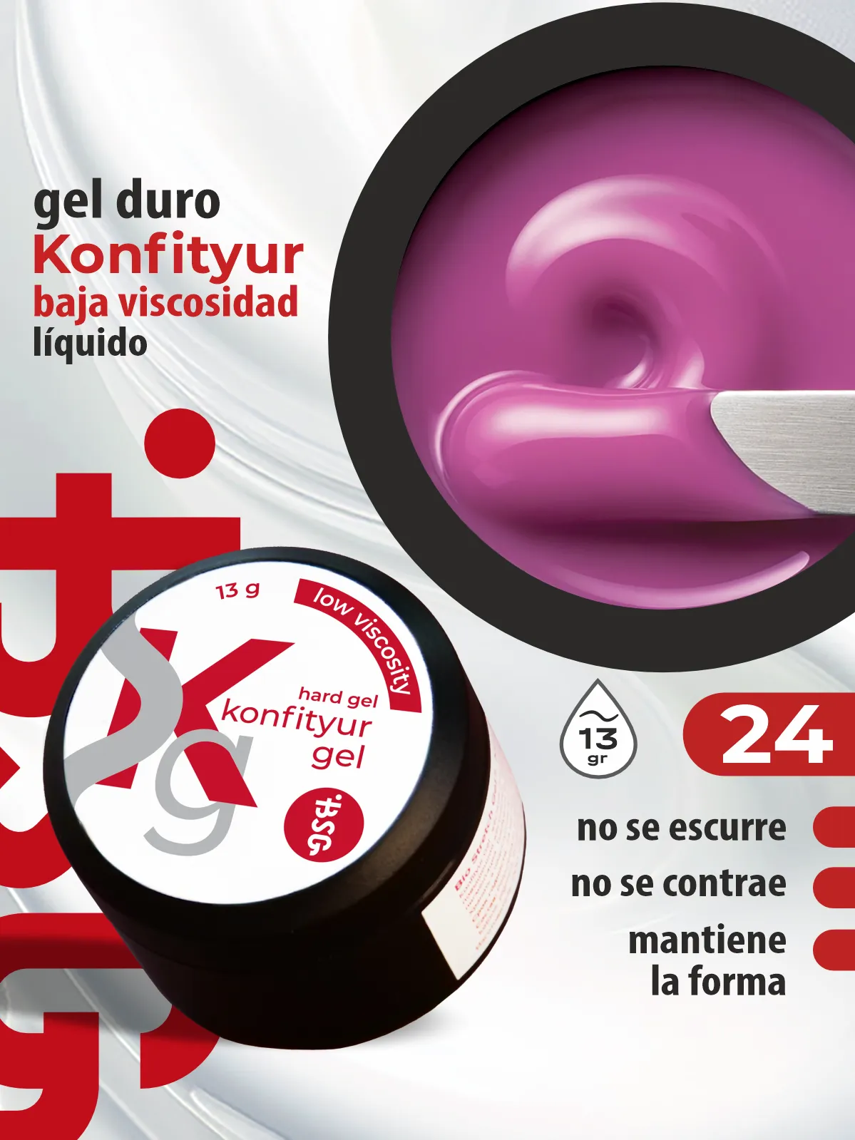 Gel duro BSG para extensiones Konfityur, 24 Rosa Orquídea, BAJA VISCOSIDAD (13 g)