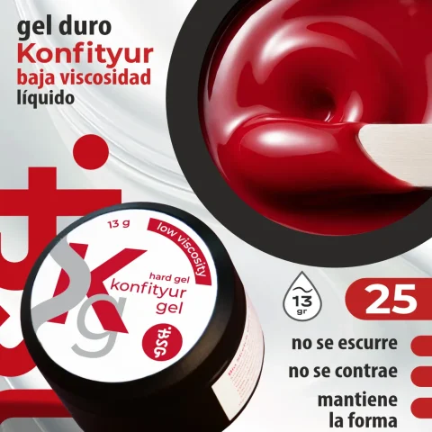 Gel duro BSG para extensiones Konfityur, 25 Rojo Rubí, BAJA VISCOSIDAD (13 g)