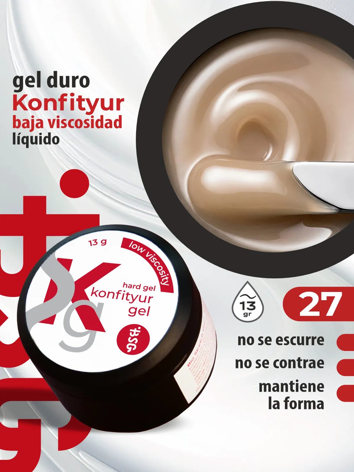 Gel duro BSG para extensiones Konfityur, 27 Beige Cálido, BAJA VISCOSIDAD (13 g)