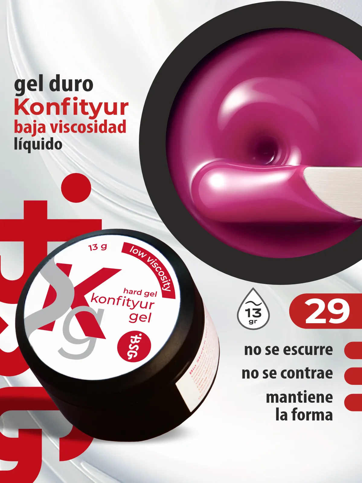 Gel duro BSG para extensiones Konfityur, 29 Ciruela Burdeos, BAJA VISCOSIDAD (13 g)
