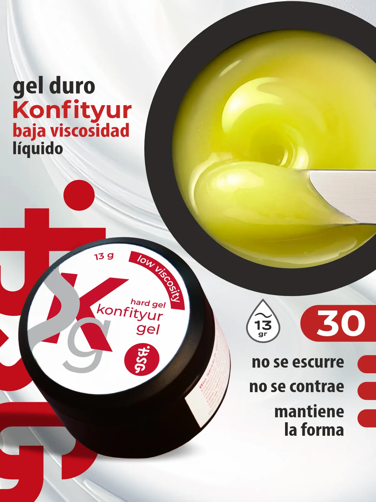 Gel duro BSG para extensiones Konfityur, 30 Amarillo Neón, BAJA VISCOSIDAD (13 g)