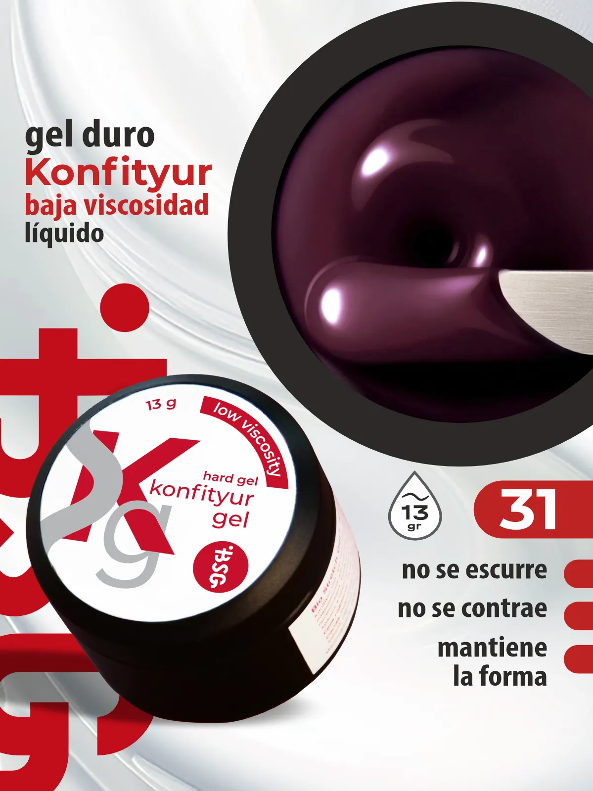 Gel duro BSG para extensiones Konfityur, 31 Ciruela Empolvado, BAJA VISCOSIDAD (13 g)